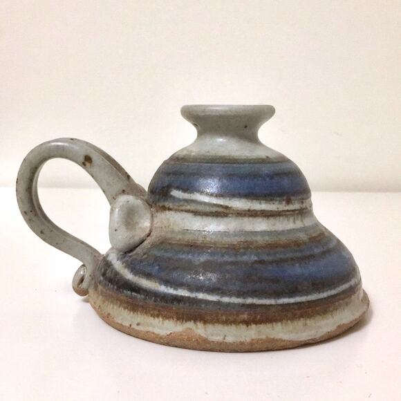 Candleholder handmade stoneware blue & grey EUC - Picture 2 of 8